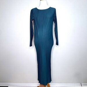 HATCH Sora Pleated Maternity Dress Sz 0 XS Teal Blue Long Sleeve Side‎ Slits